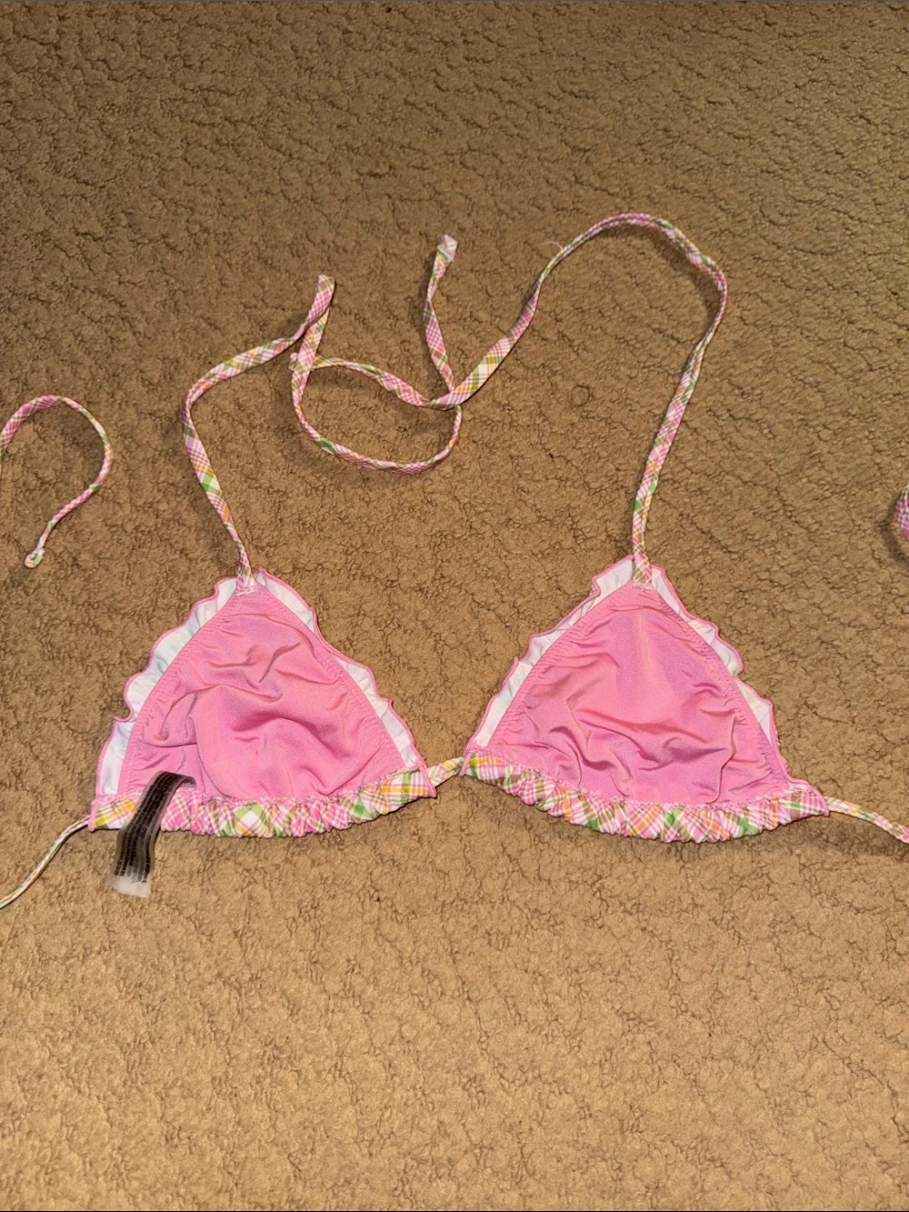 Pink Plaid Triangle Bikini Top